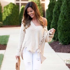 Taupe lace up sweater!